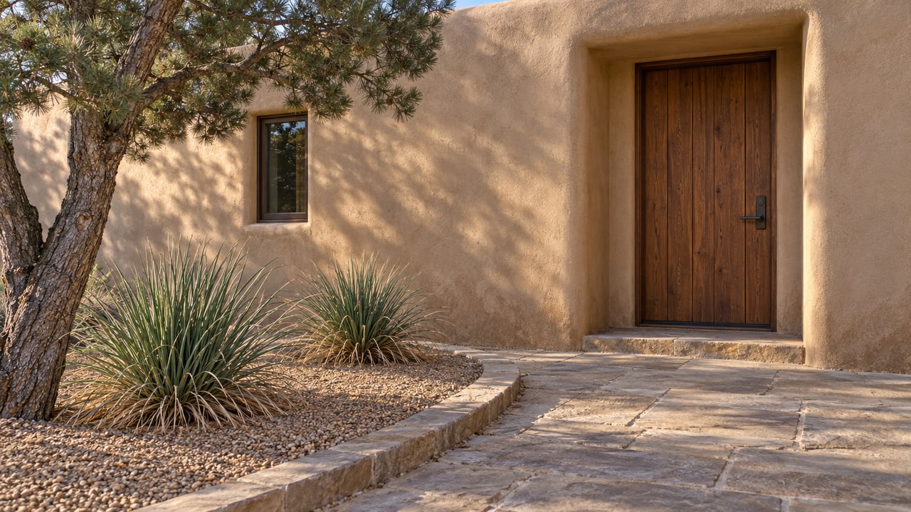 Sunlight grazes a rounded buff stucco entry with a cedar door, sandstone paving, and a gravel bed planted with a piñon pine and two beargrass specimens.