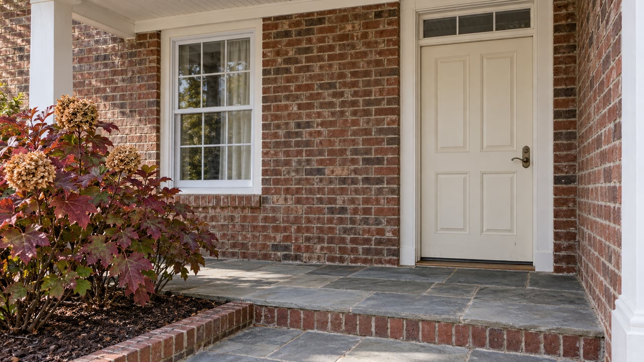 Sheltered brick home entrance with a cream door, white divided-light window, worn flagstone stoop and burgundy oakleaf hydrangea.