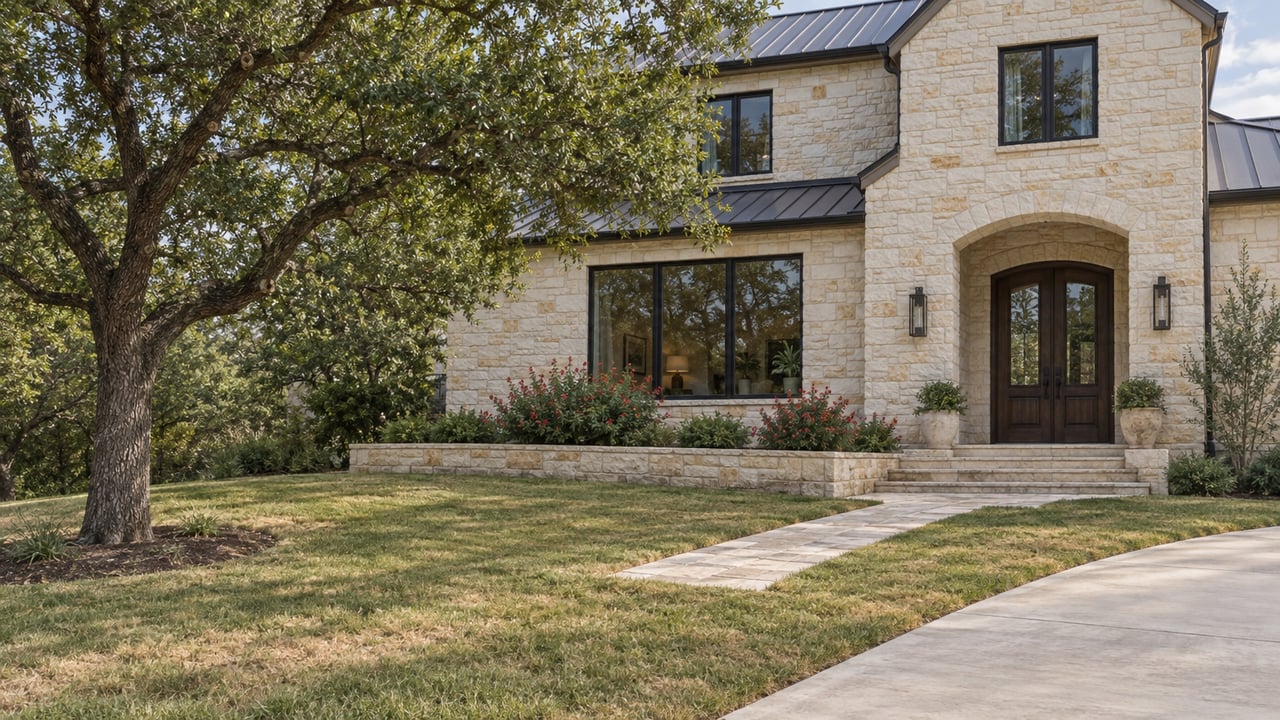 Limestone home with black-framed windows, arched double-door entry and a broad sloping lawn beside a mature live oak.