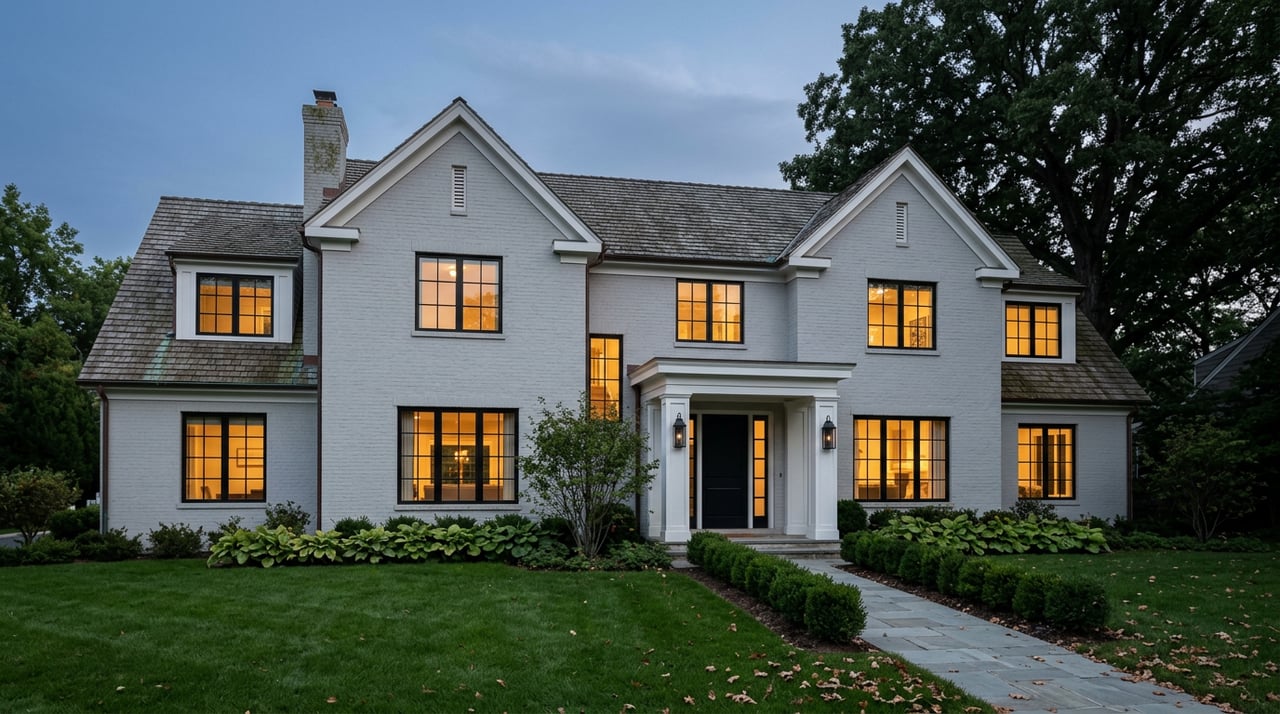 Two-story dove-gray brick home with glowing windows, white columns, and a bluestone walkway at dusk.