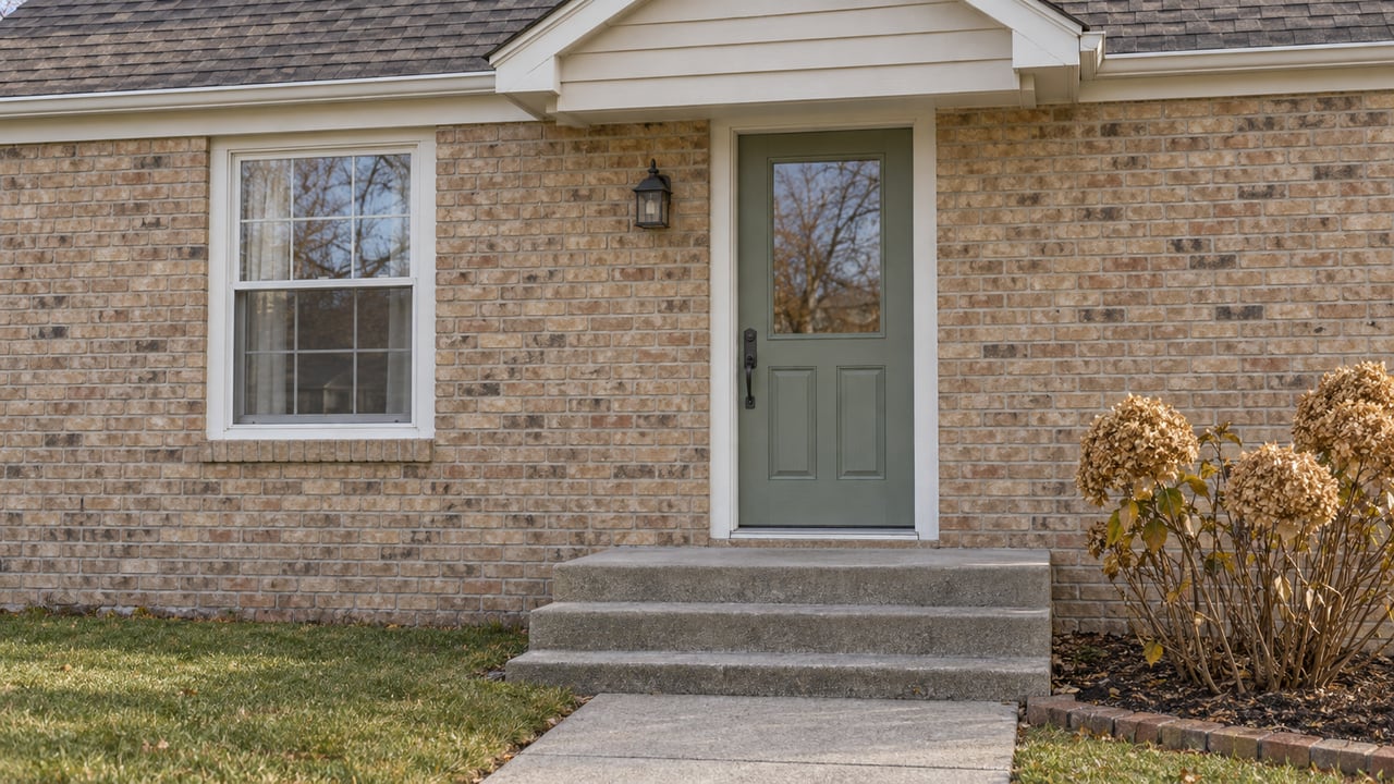 Buff-brick home entrance with a sage-painted door, concrete steps and dried hydrangea flowers in soft autumn light.
