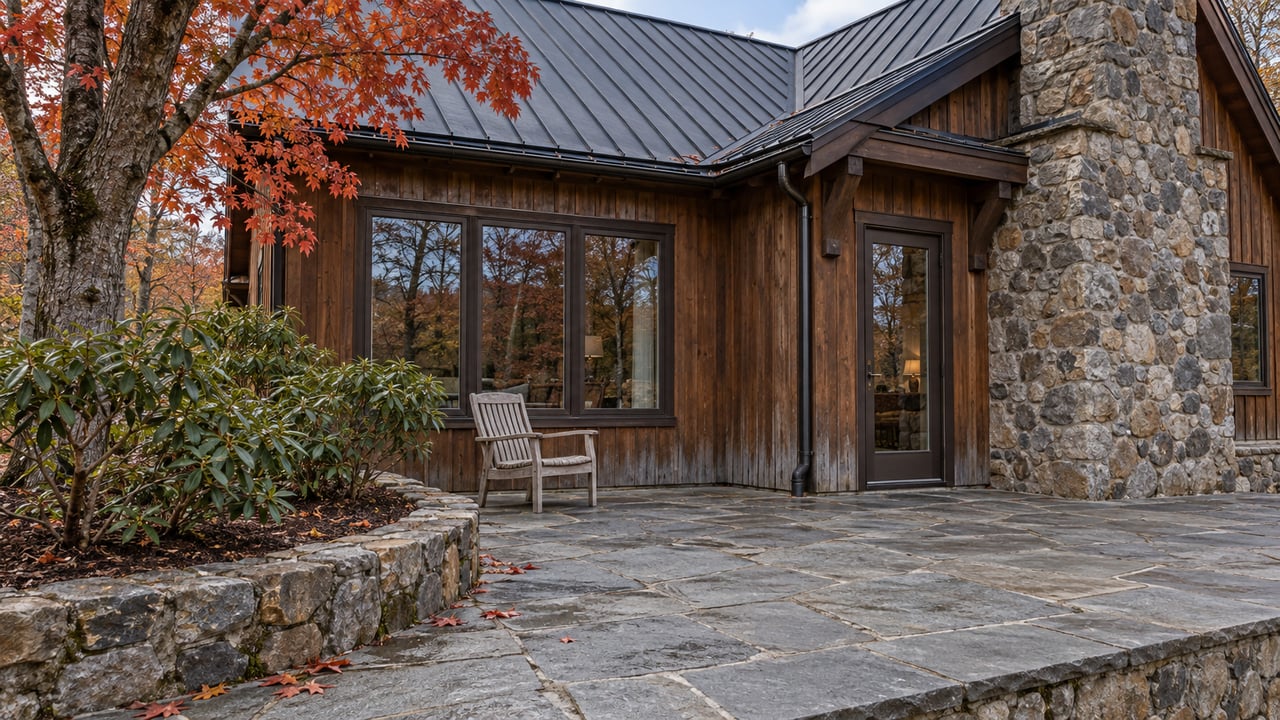 Cedar and fieldstone home with a dark metal roof, closed terrace glazing and a stone terrace beside autumn maple leaves and rhododendrons.