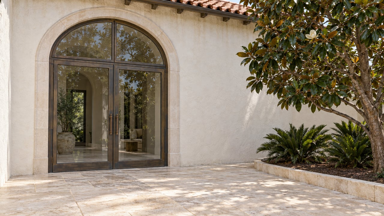 Warm-white stucco home with closed bronze-framed arched glass doors, a cream limestone terrace and a magnolia beside a raised planting bed.