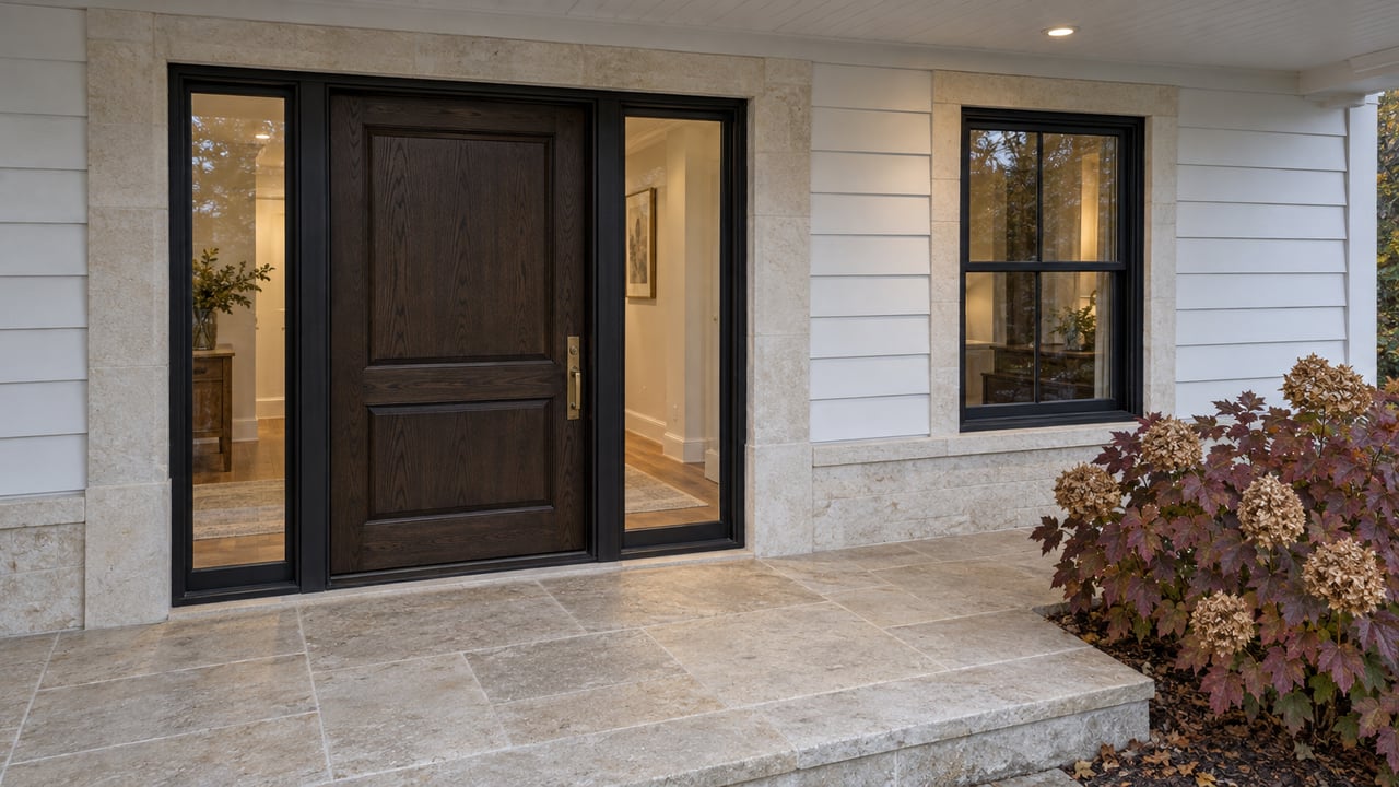 White-sided home's sheltered oak entry with black-framed sidelights, a limestone porch, and an oakleaf hydrangea in autumn color.