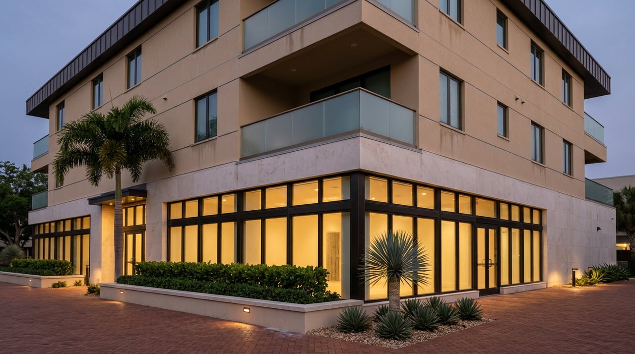 Three-story mixed-use building with glowing storefront, glass balconies, and tropical plants at dusk.