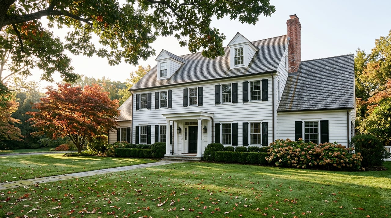 White Colonial house with black shutters, columned entry, broad lawn, bluestone walk, and red-orange maple.