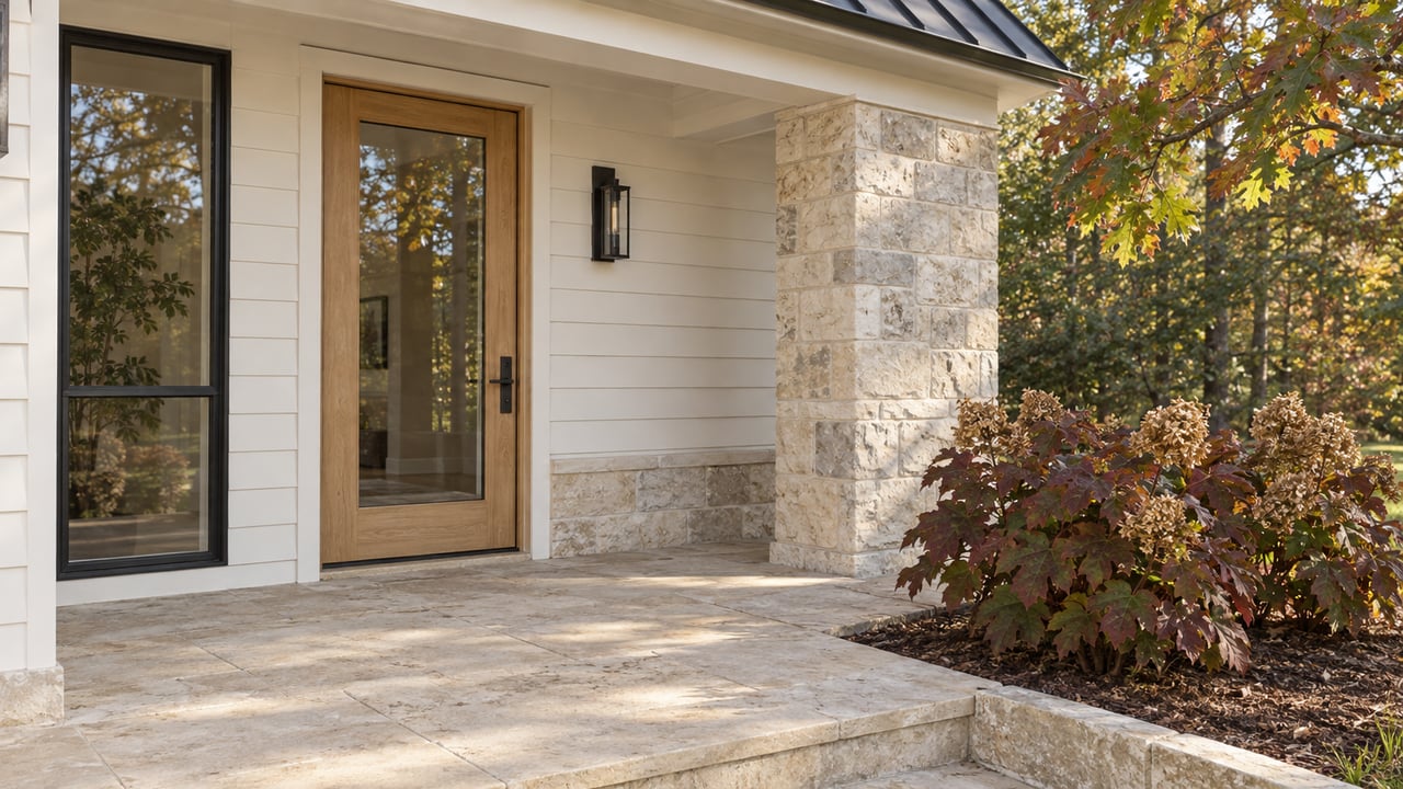 Covered home entry with a glazed oak door, limestone porch and oakleaf hydrangeas turning burgundy in afternoon light.