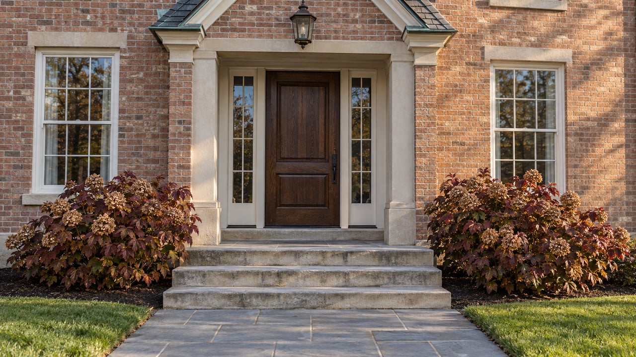 Brick home entry with a dark oak door, paired sidelights, limestone steps and autumn oakleaf hydrangeas.
