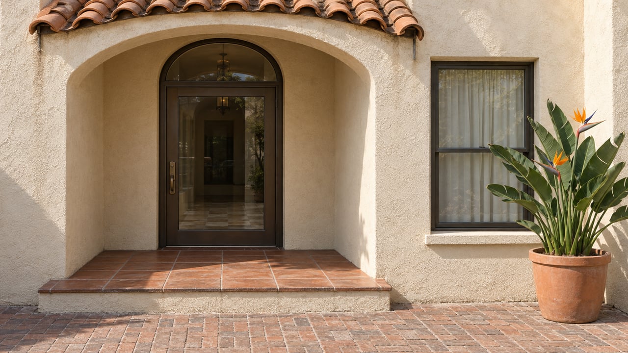 Ivory stucco condominium entrance with an arched bronze-framed glass door, terracotta steps and a potted bird-of-paradise plant.