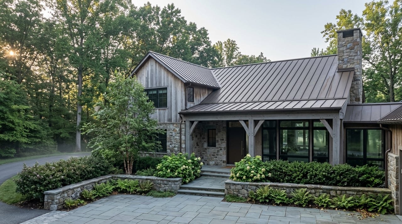 Wooded stone-and-timber home with a covered entry, bluestone drive, and low morning mist.