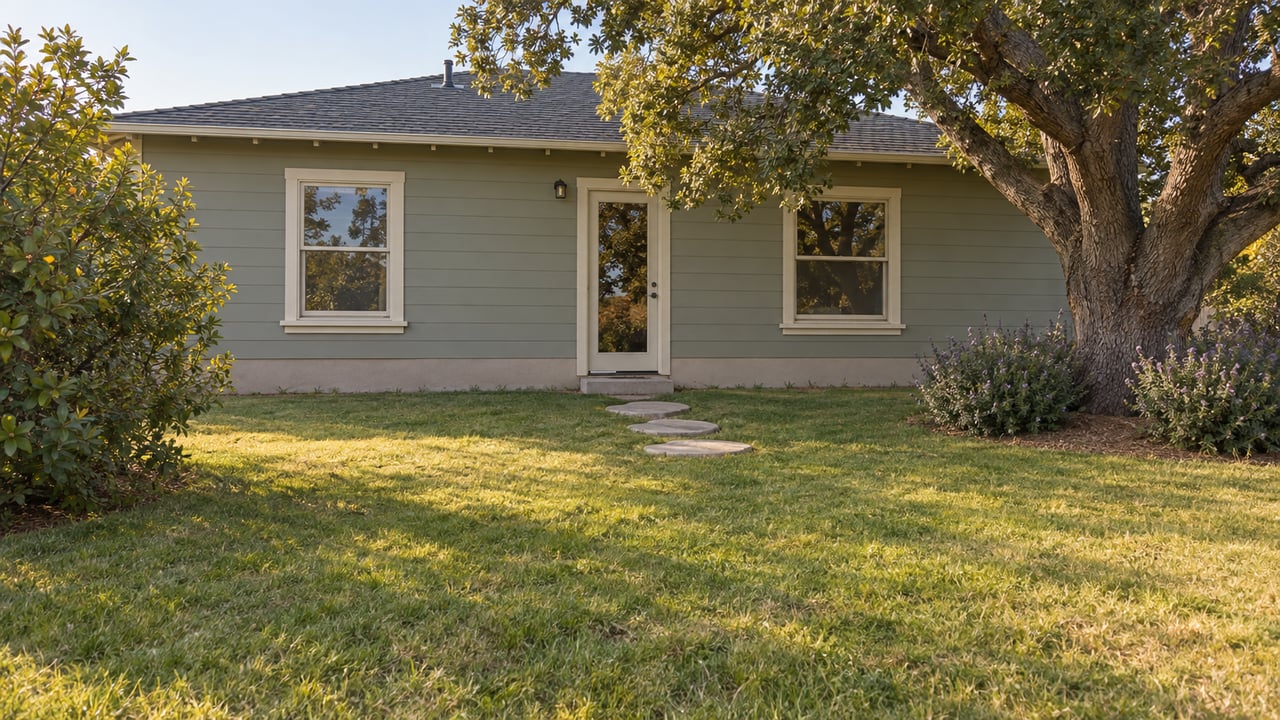 Level buffalo-grass yard with stepping stones leading to a sage-sided bungalow, shaded by a mature oak.