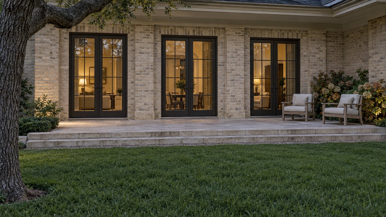 A substantial brick home's glazed terrace doors at dusk, with limestone steps, teak chairs and a broad lawn beneath a mature oak.