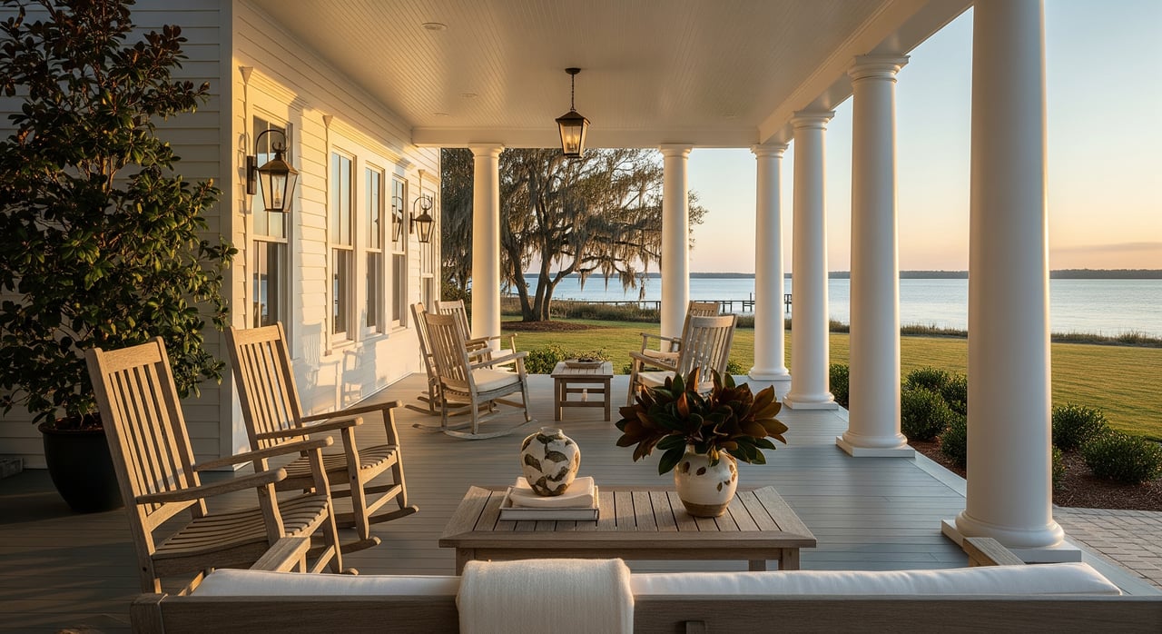White-columned waterfront porch with wooden rocking chairs, facing a calm bay at sunset.