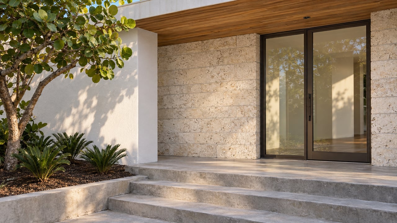 Sunlit modern home entry with cream limestone, white stucco, a wood soffit, bronze-framed glass and sculptural sea grape planting.