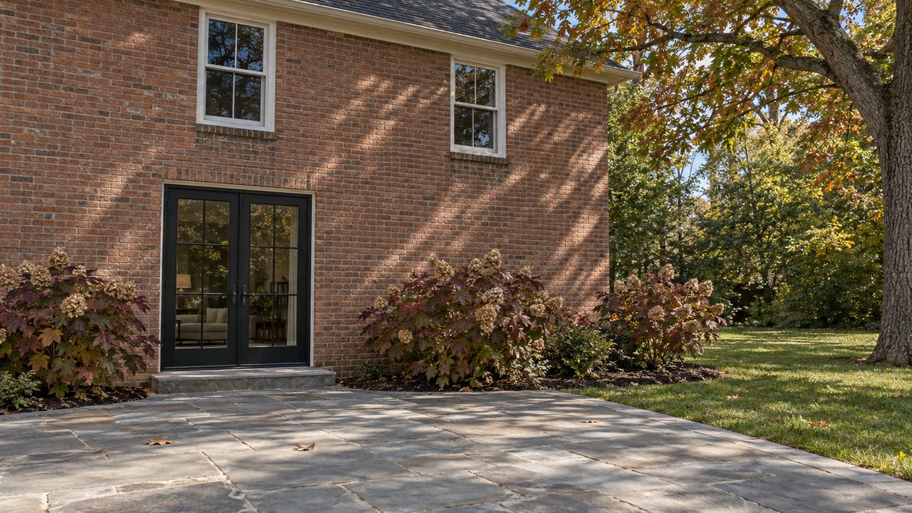 Autumn oak foliage beside a brick home's closed French doors and weathered bluestone garden terrace.