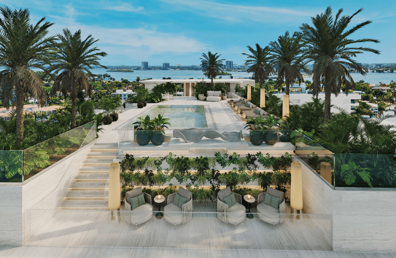 Rooftop pool terrace with palm trees and water views