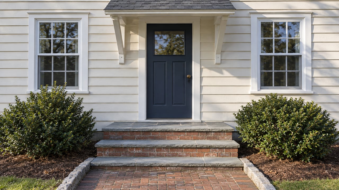 Cream clapboard home entrance with a navy door, paired divided-light windows, and weathered brick and bluestone steps in cool October daylight.