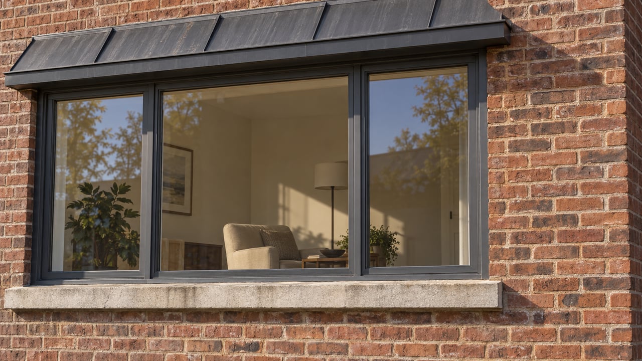 Morning light on a russet brick residential facade with a charcoal metal canopy, stone sill and wide window revealing a warm oak-floored living room.