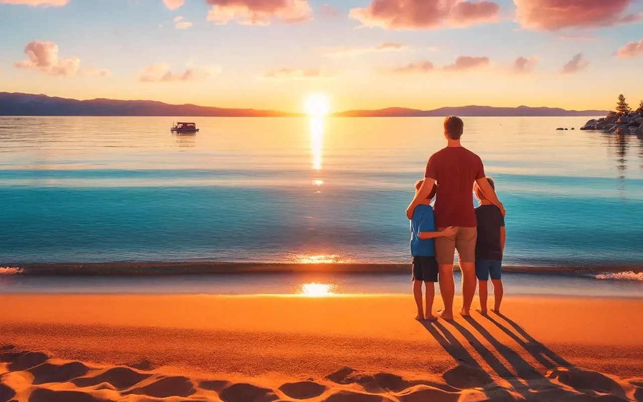 An adult and two children watch the sunset over a calm lake from a sandy beach.
