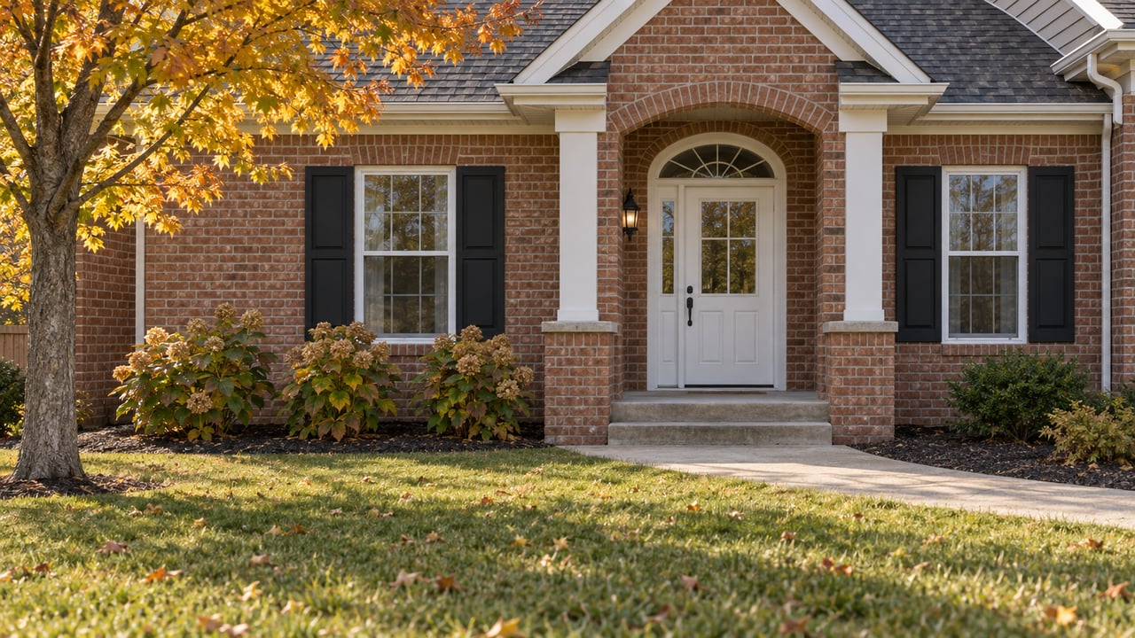 Brick home entry with white trim, paired shuttered windows, broad concrete steps and an autumn lawn.