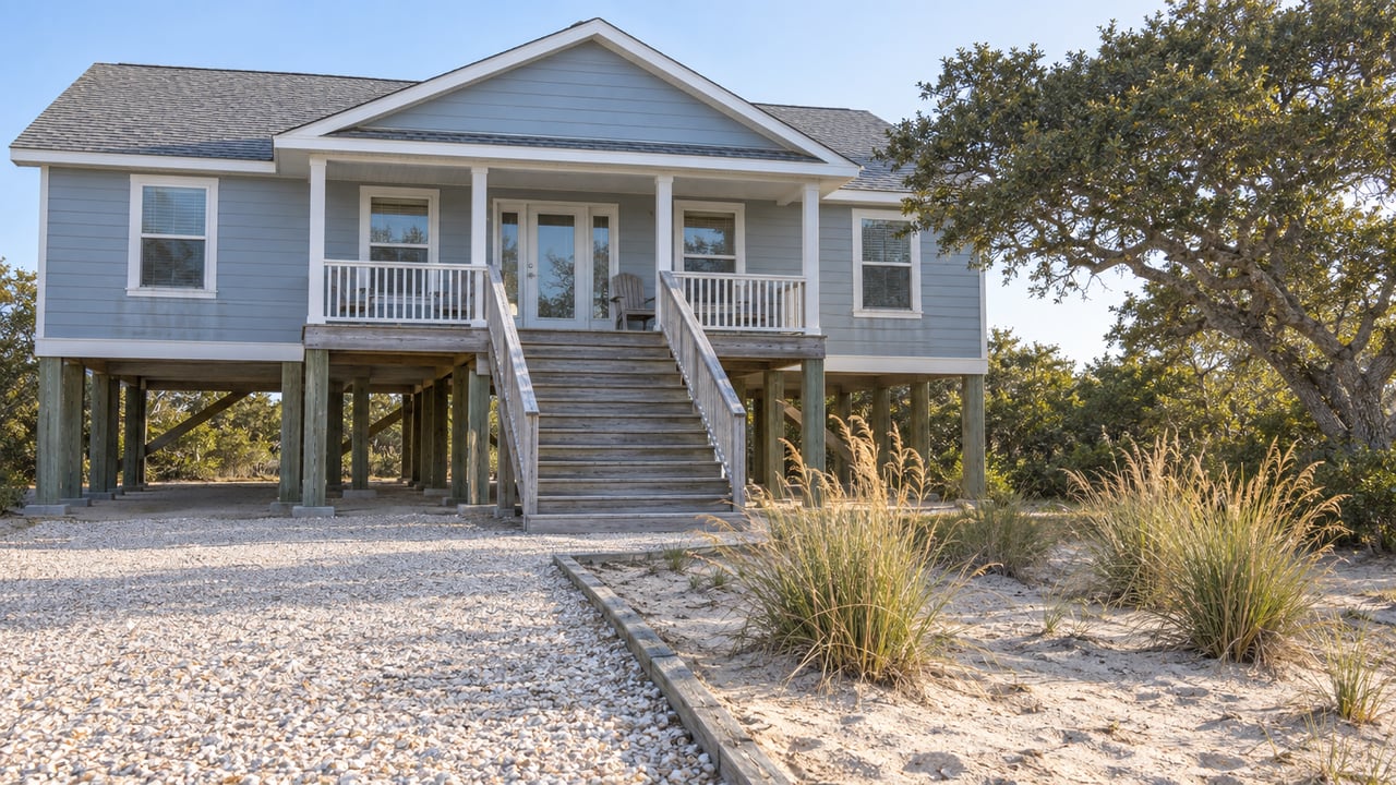 Blue-gray elevated cottage with a covered porch, timber stairs and a shell-gravel drive beside sea oats and a wind-shaped live oak.