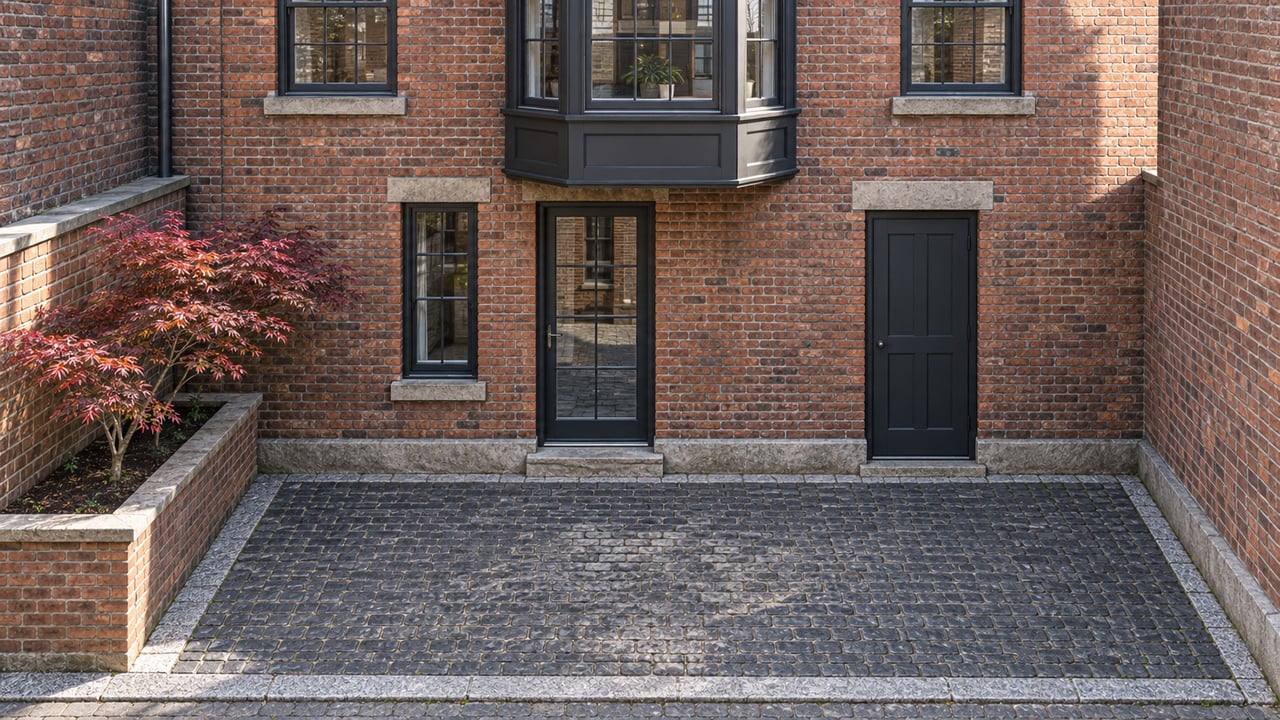 Red-brick townhouse rear court with a charcoal granite parking pad and a pruned Japanese maple in a planter.