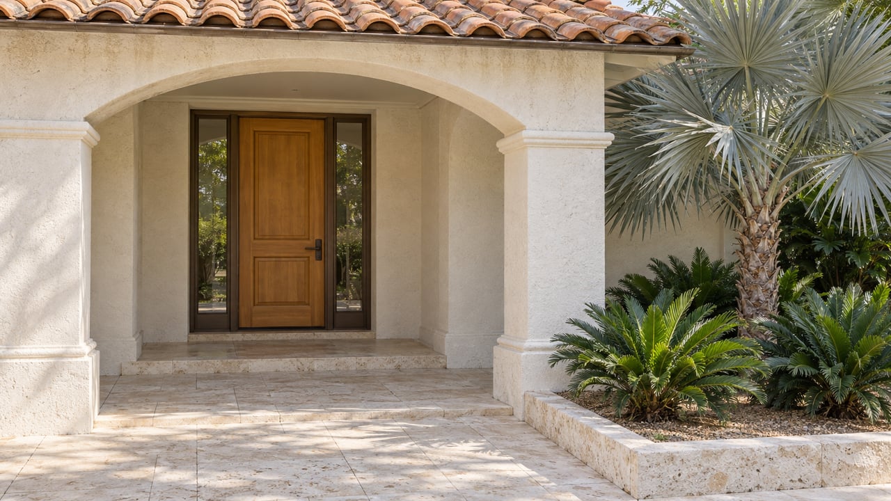 Sunlit cream stucco entry with a clay tile roof, paired porch piers, a timber door and silver thatch palm beside pale stone paving.