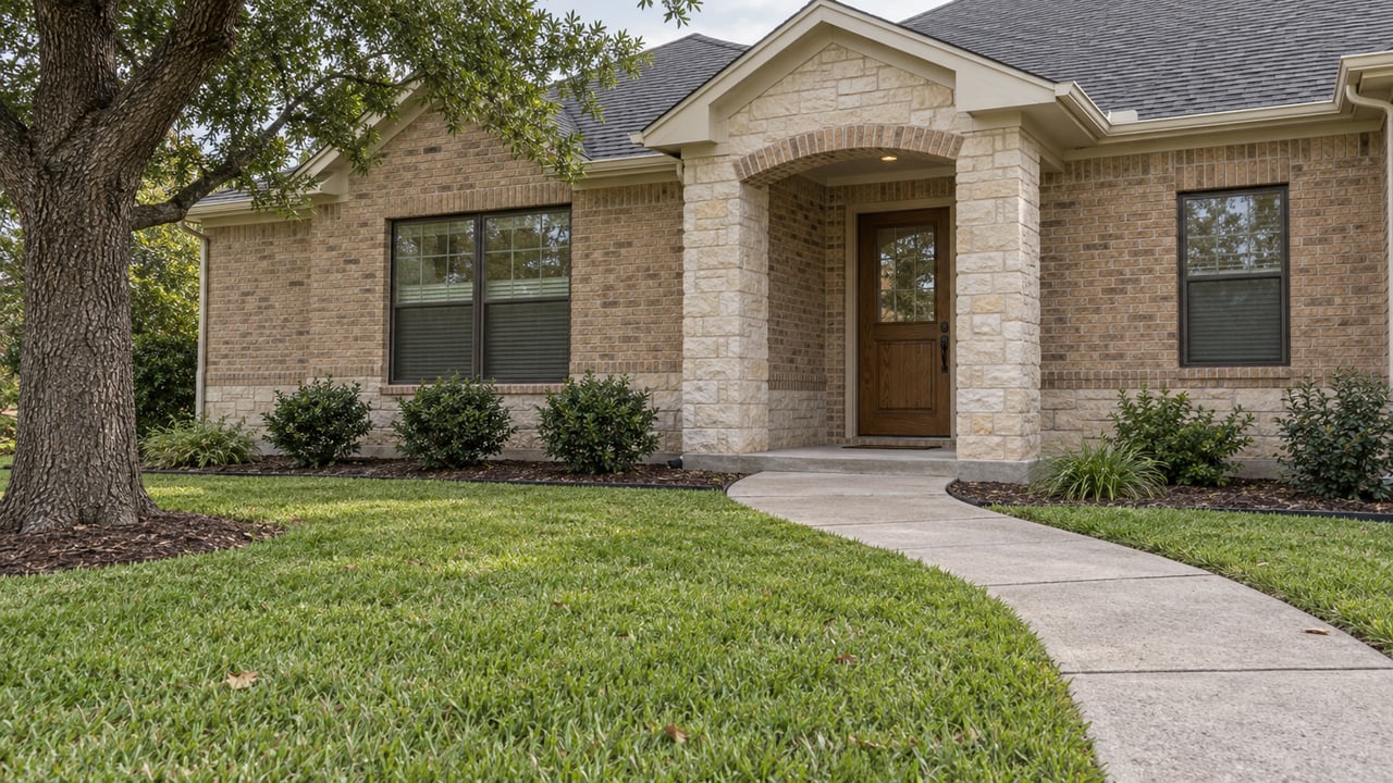 Buff-brick single-story home with gabled shingle roofs, a sheltered oak entry door, and a concrete approach across a deep green lawn.