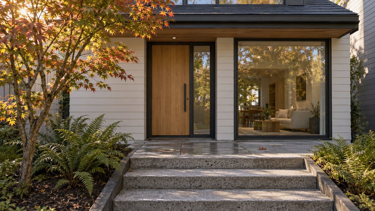 Urban townhouse entry with an oak door, broad concrete steps, and a small tree beside white siding.