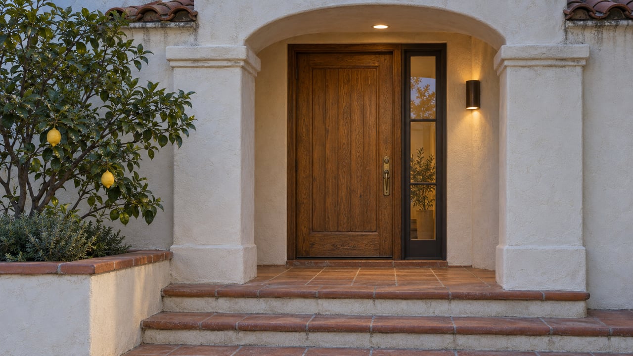 Recessed oak front door with glazed sidelight, terracotta steps, and a lemon tree in a planter.