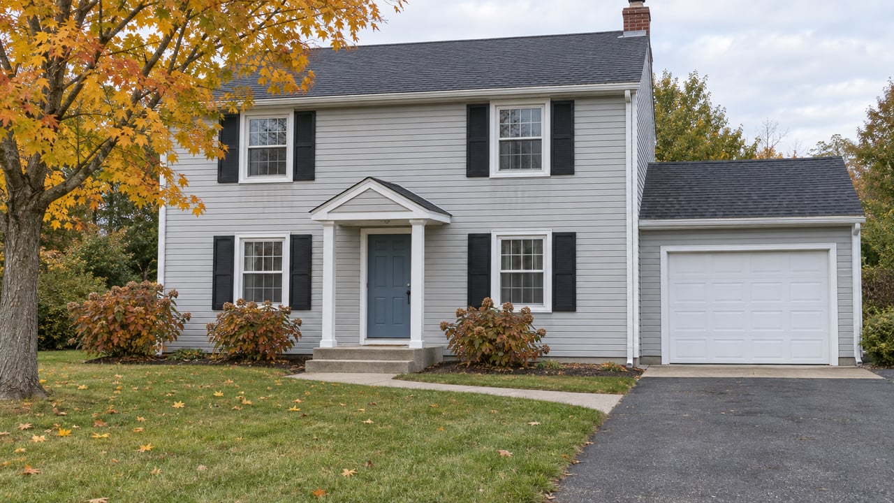 Light-gray two-story home with black shutters, a blue entry door and attached white garage, beside a sloping autumn lawn and asphalt driveway.