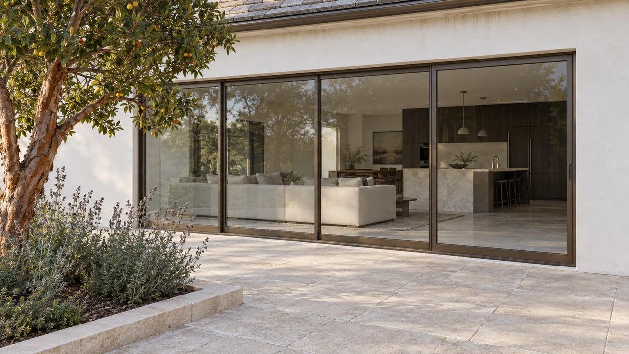 Sunlit limestone terrace beside a white stucco home with bronze-framed glass doors and a sculptural strawberry tree.