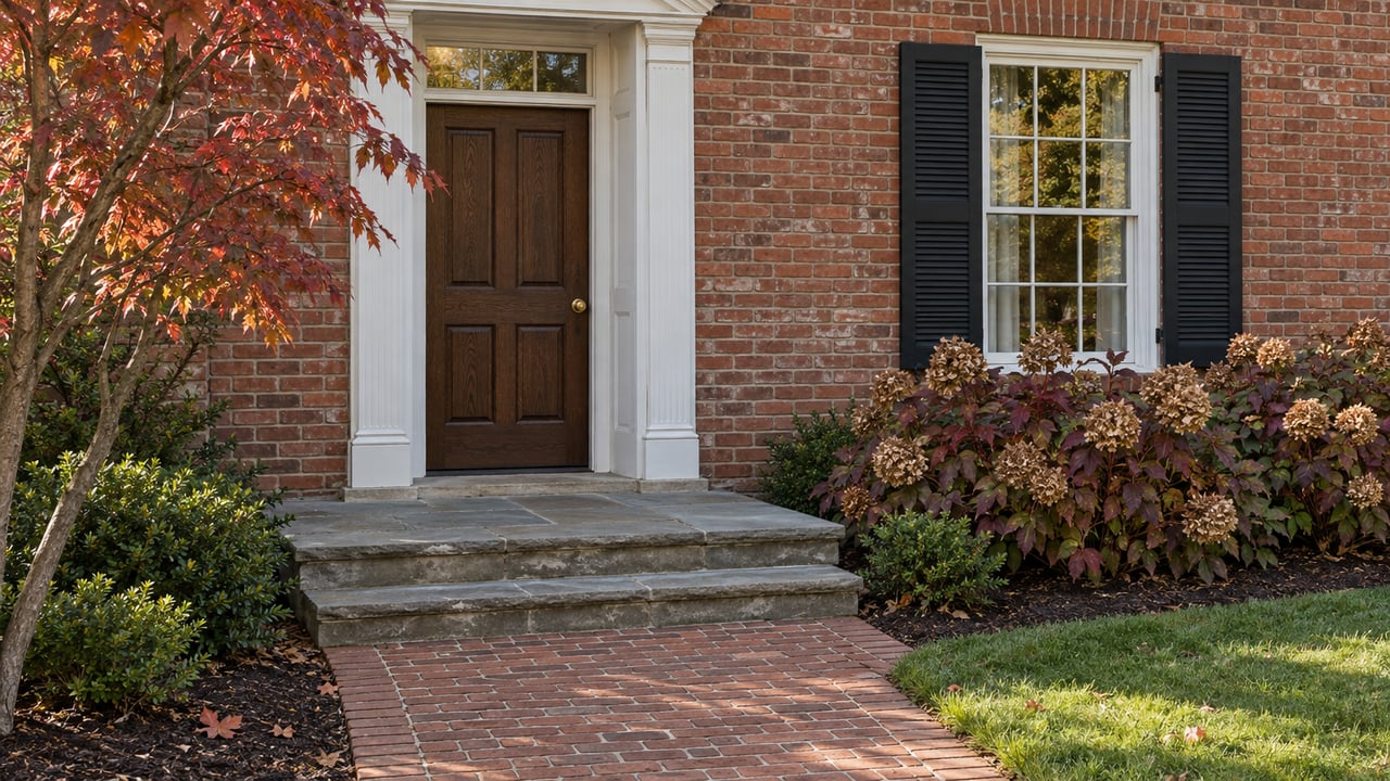Brick home entry with an oak door, black-shuttered window, stone steps, and autumn dogwood and oakleaf hydrangea foliage.