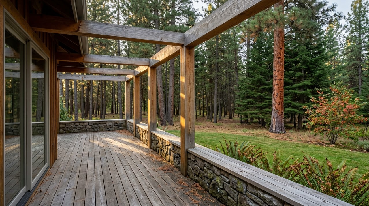 Weathered timber deck with a stone wall overlooks a lawn and dense pine forest.