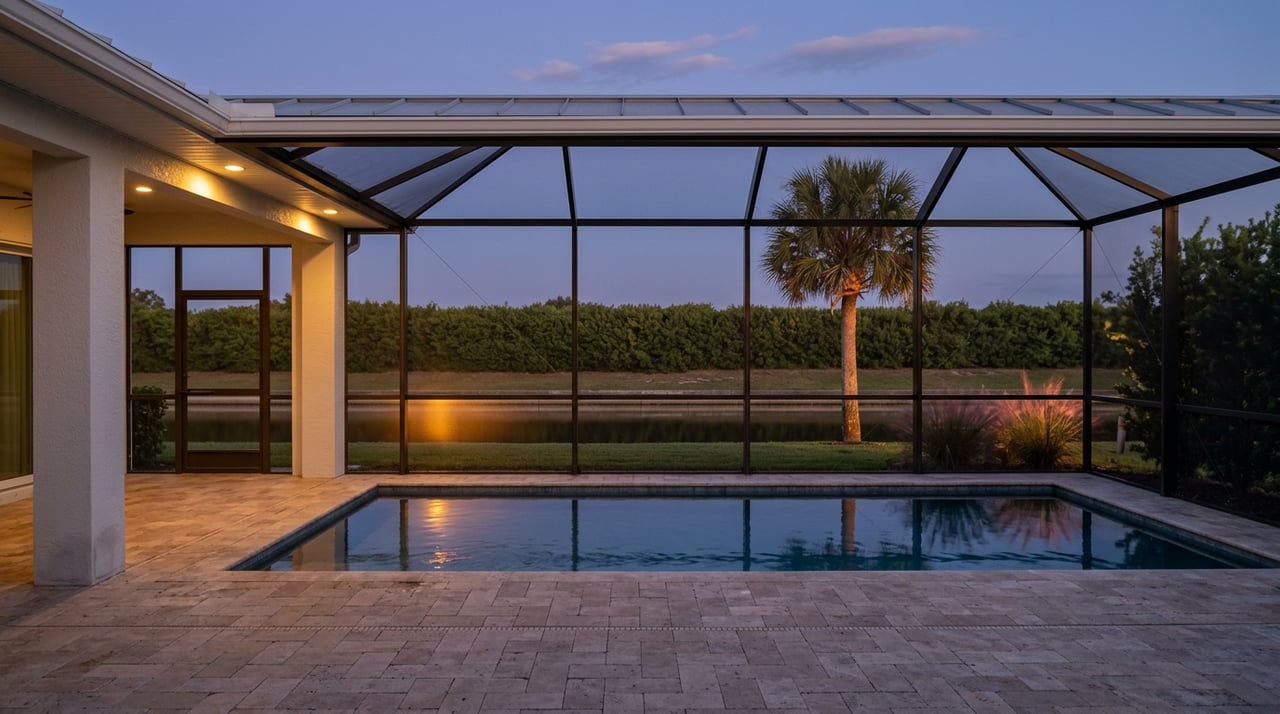 Screened lanai overlooks a pool and canal at dusk, amber lights reflected on both.