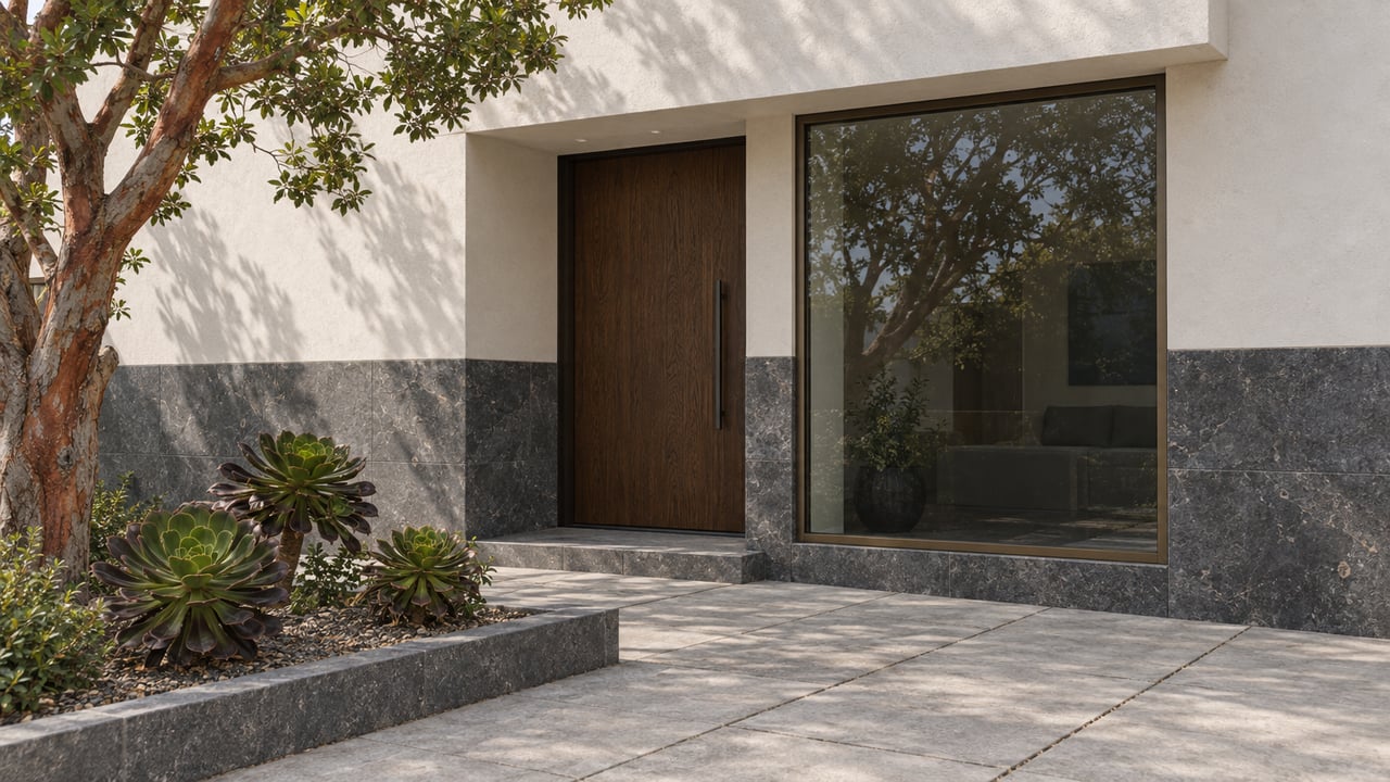 Recessed dark-oak entry beside bronze-framed glazing, with charcoal limestone, pavers, and sculptural succulents.