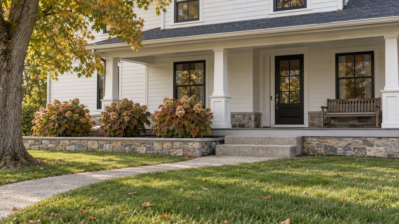 An ivory-sided home with a stone foundation, covered porch and curved front walk framed by autumn planting.