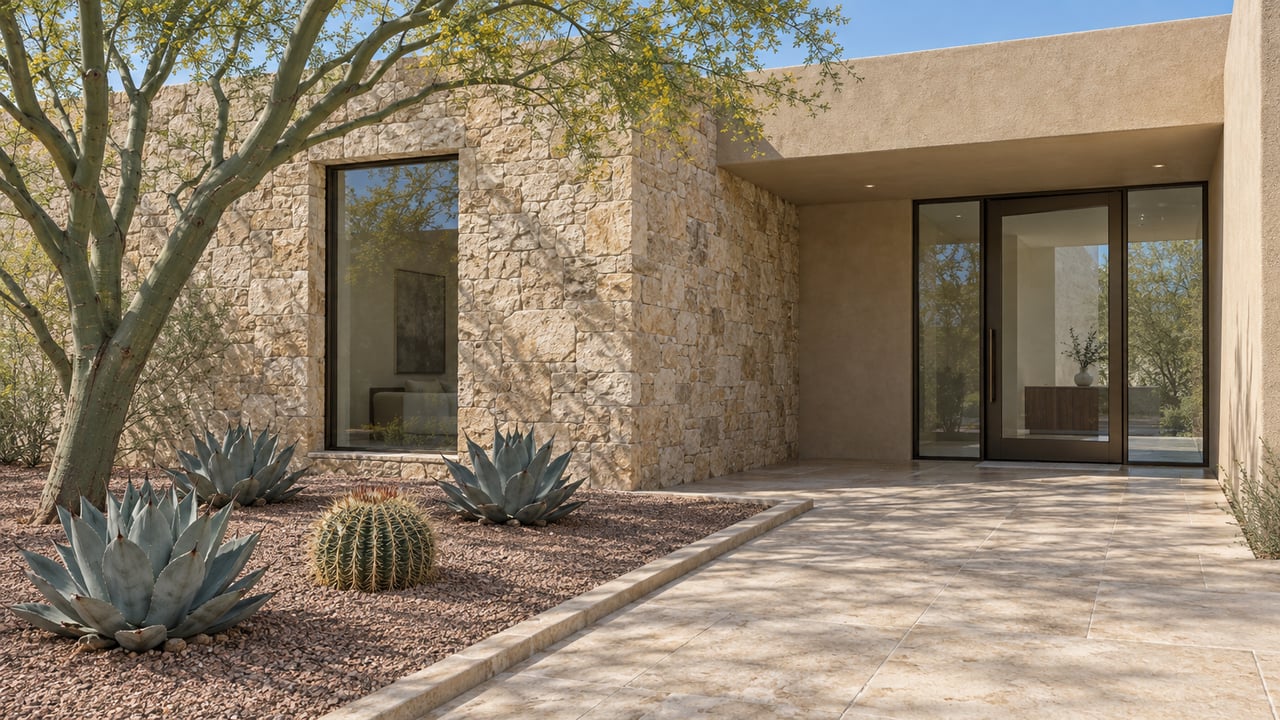 Sandy stucco and buff stone home with a recessed glazed entrance, broad limestone approach, and sculptural desert planting.