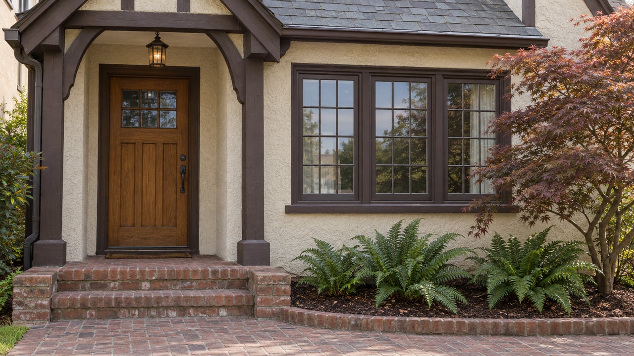 Weathered ivory stucco and dark timber frame a recessed oak entry beside a divided-light window, with brick steps and a Japanese maple.