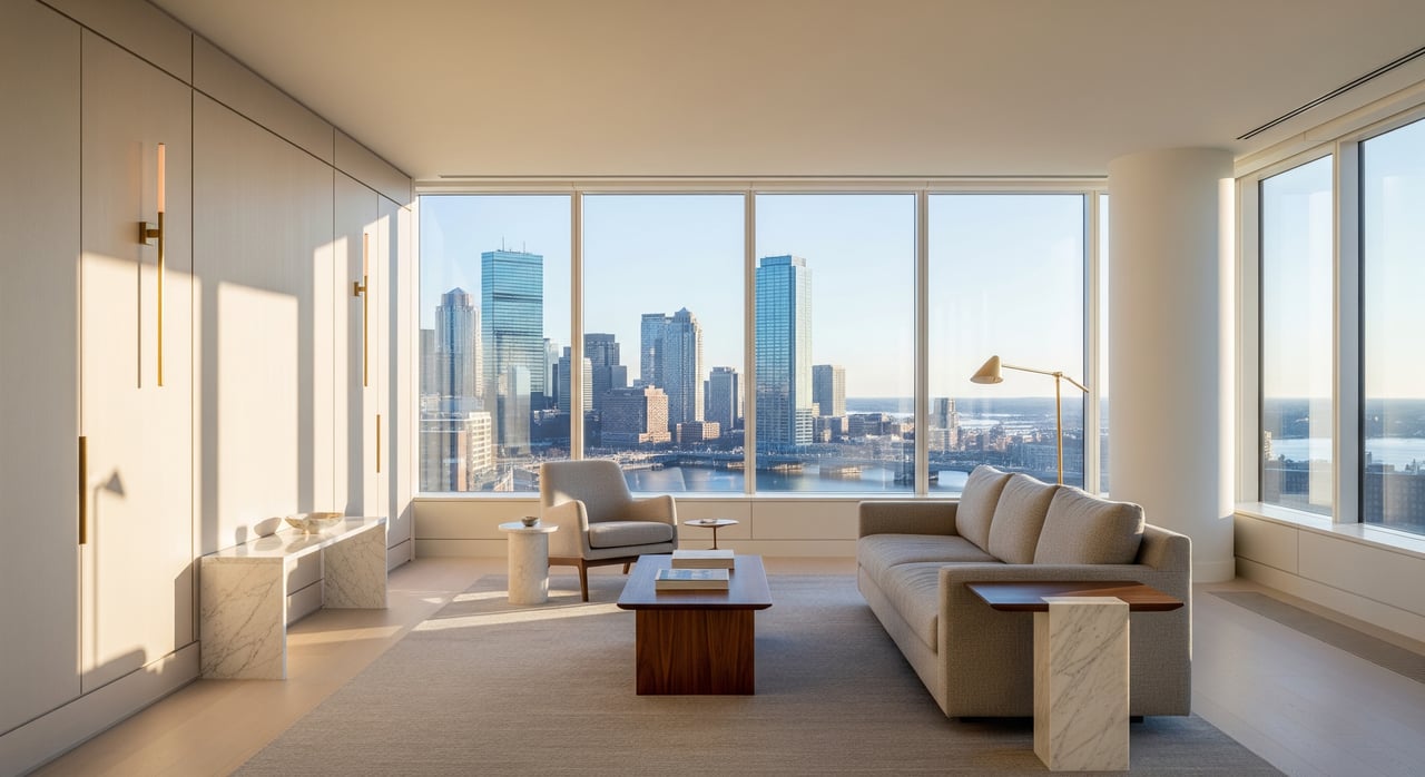 Modern living room with a beige sectional facing floor-to-ceiling windows overlooking a city skyline.
