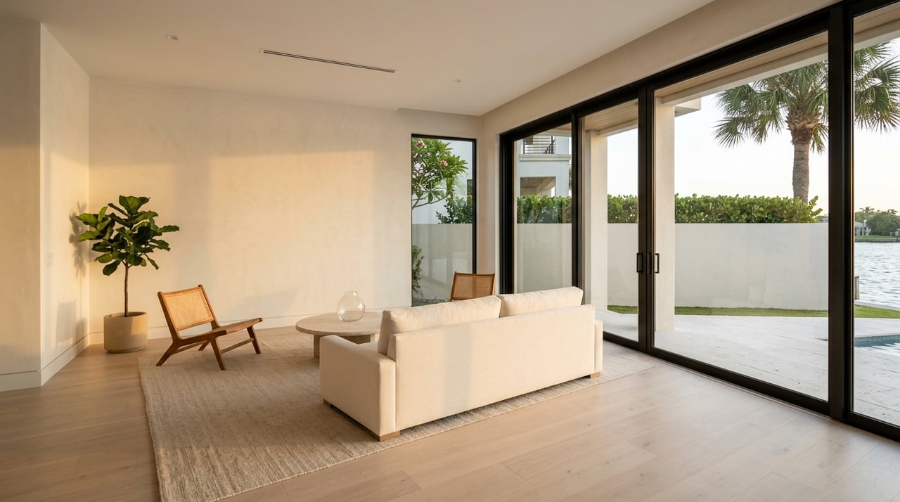 Living room’s sliding doors overlook a lanai and water screened by a stucco wall and hedge.
