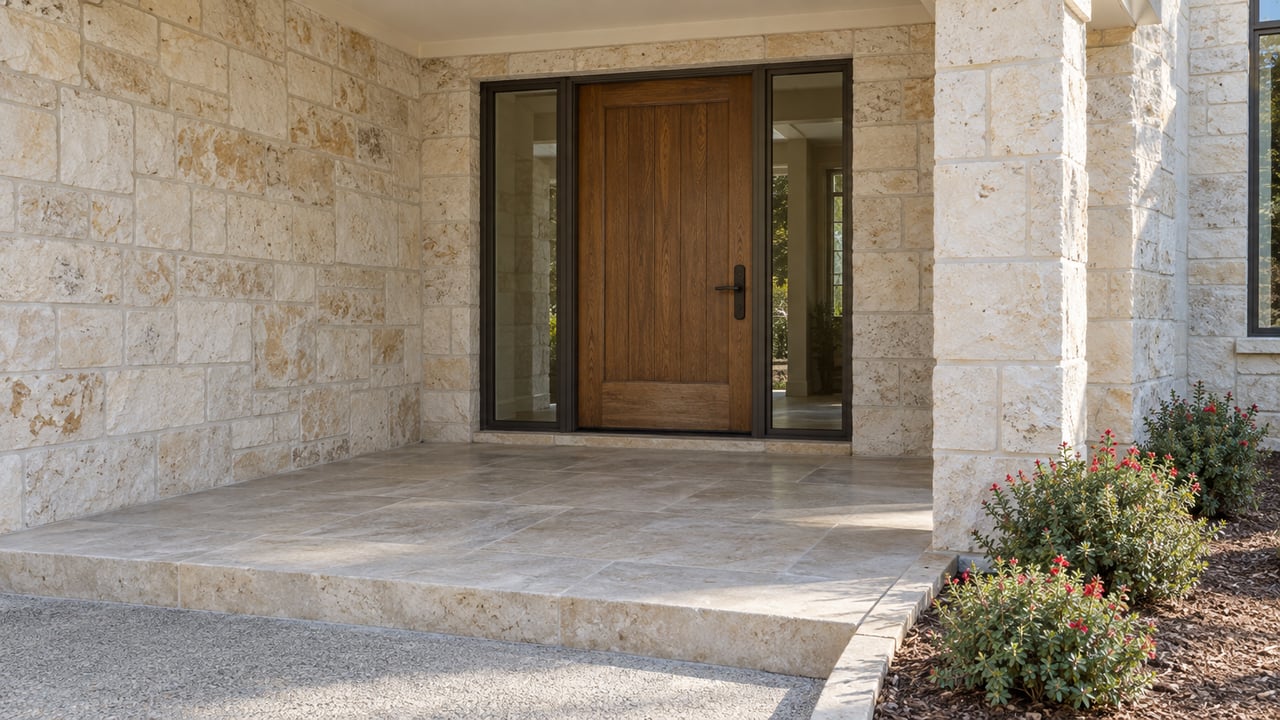 Covered limestone entry with an oak door, paired dark-framed sidelights, stone paving and red-flowering salvia beside the approach.