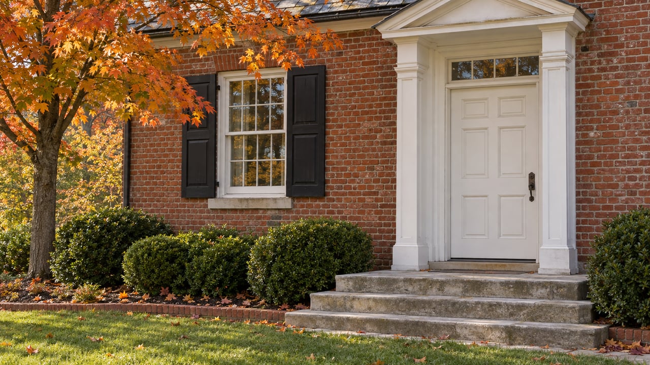 Red-brick country house entry with white pediment, paneled door, limestone steps, and autumn maple branches.