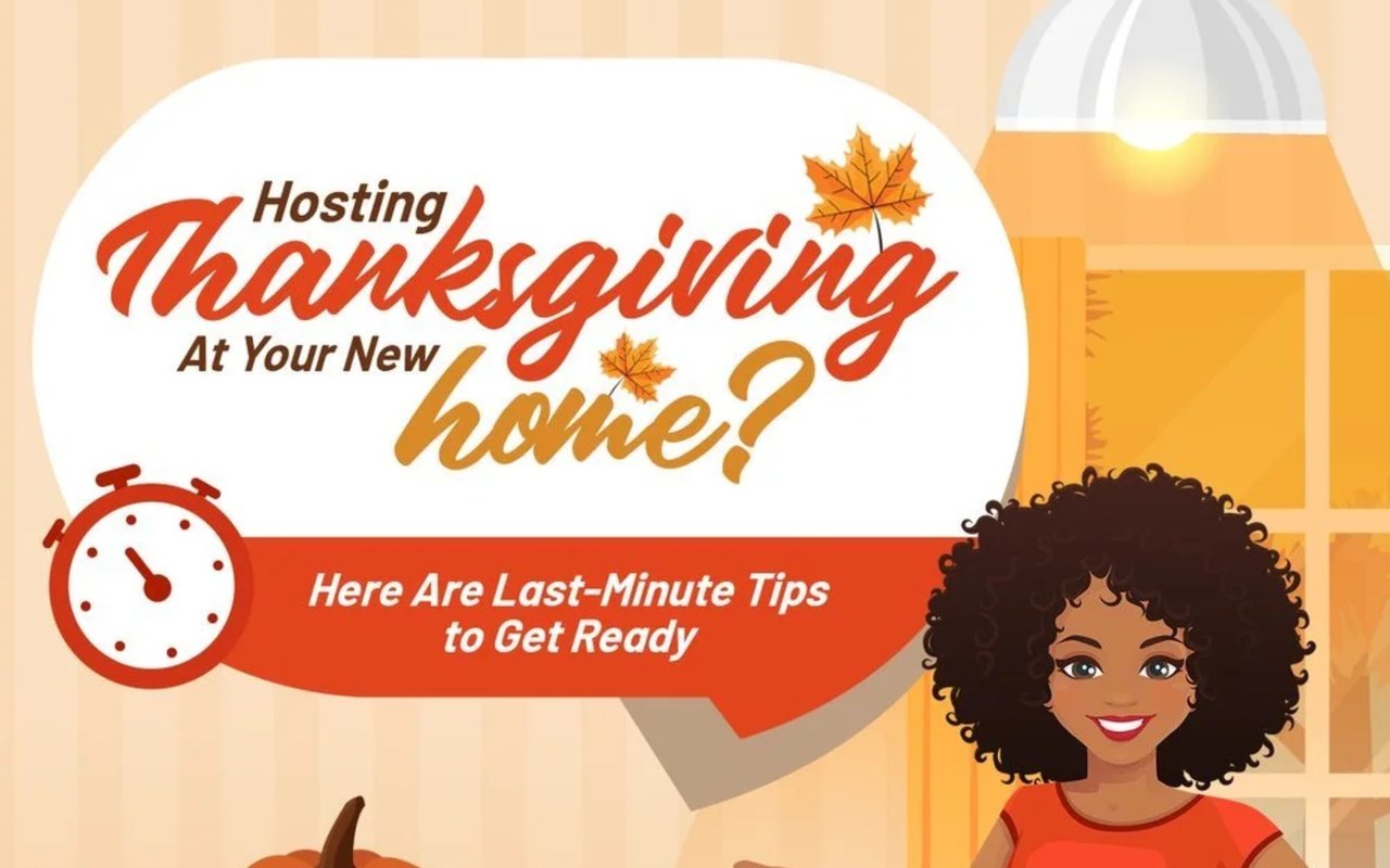 Illustrated Thanksgiving hosting tips graphic with a smiling woman, autumn leaves, and a clock.