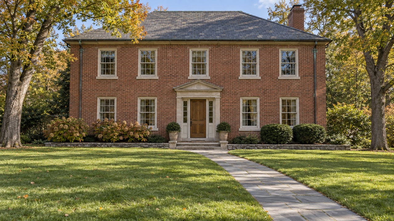 An established red brick home beyond a broad lawn, with a bluestone entrance walk and mature maples beginning to turn amber.