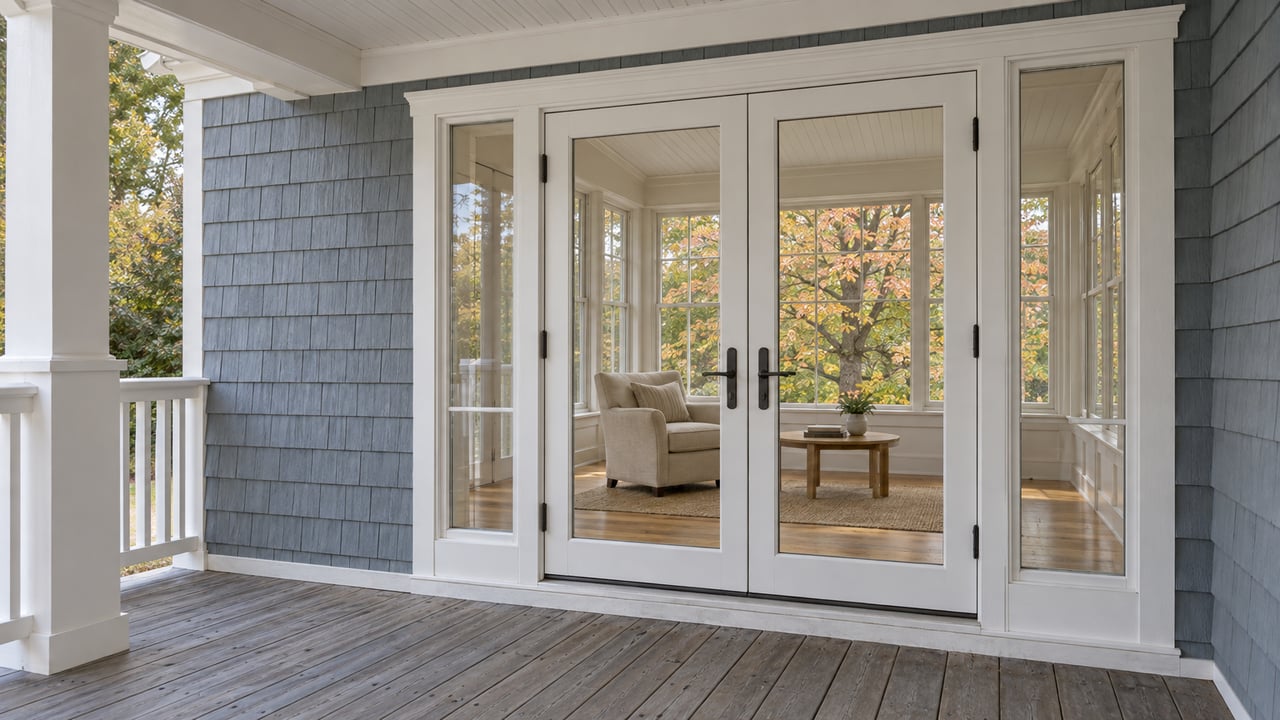 Weathered cedar porch meets a blue-gray shingled sunroom with white glazed double doors and autumn leaves visible through the windows.
