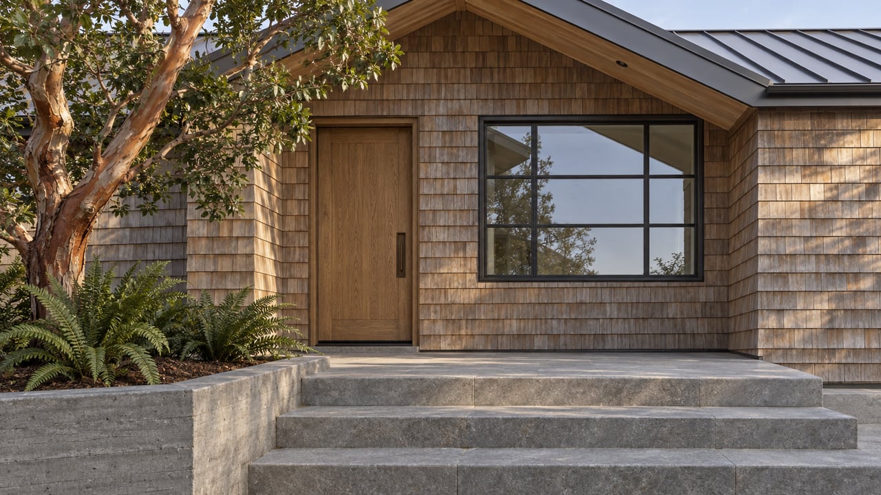 Cedar-shingle home with an oak entry door, stone steps and a sculptural peeling-bark tree beside the porch.
