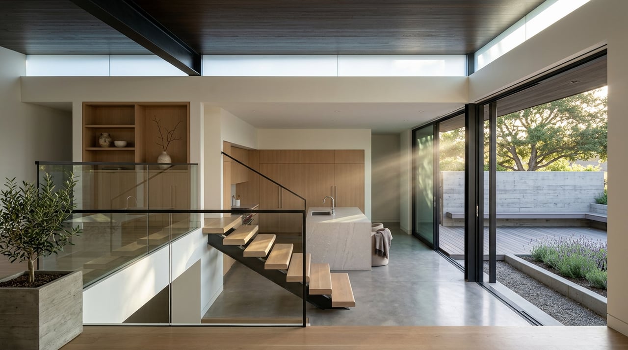 Double-height great room with a floating oak staircase, limestone island, and glass wall opening onto a tree-shaded terrace.