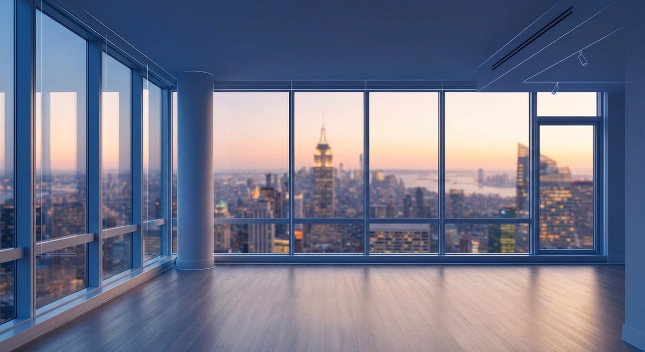 Empty high-rise apartment with floor-to-ceiling windows overlooking the New York City skyline at sunset.