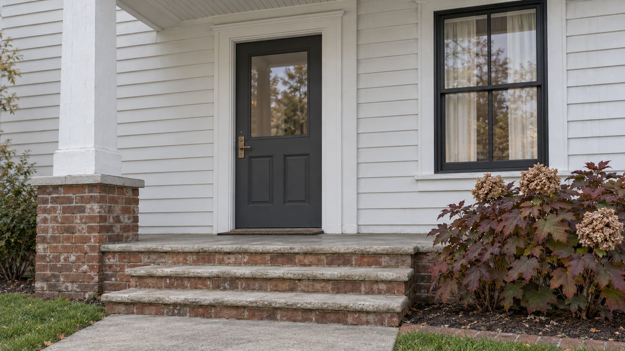 Covered white clapboard entry with a charcoal door, black-framed window, brick steps and oakleaf hydrangea in autumn color.
